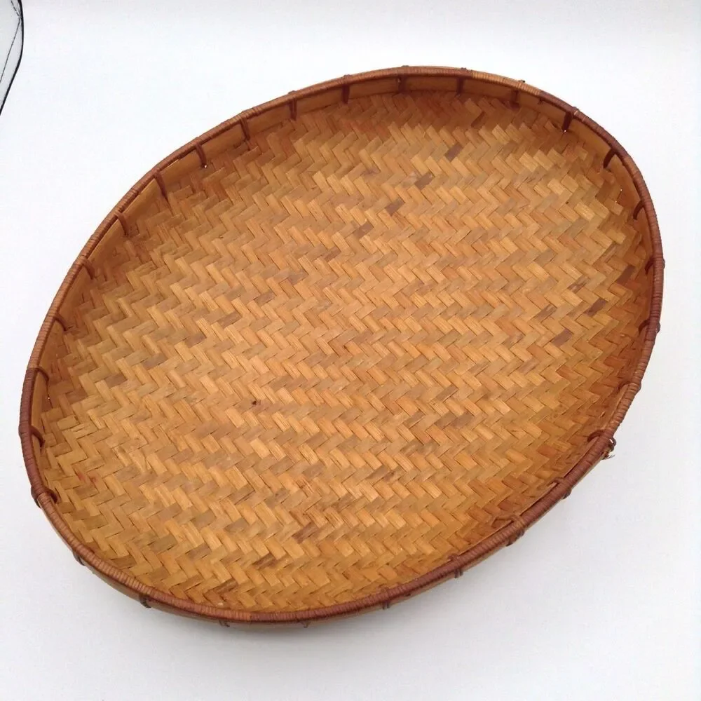 Vtg Bamboo Woven Basket Oval Handmade Storage Gathering Bowl Boho Home Decor 15